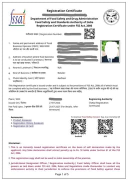 Sample FSSAI certificate