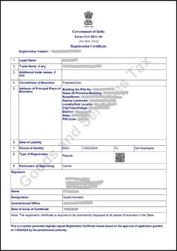 Sample GST Registration Certificate Form GST REG-06