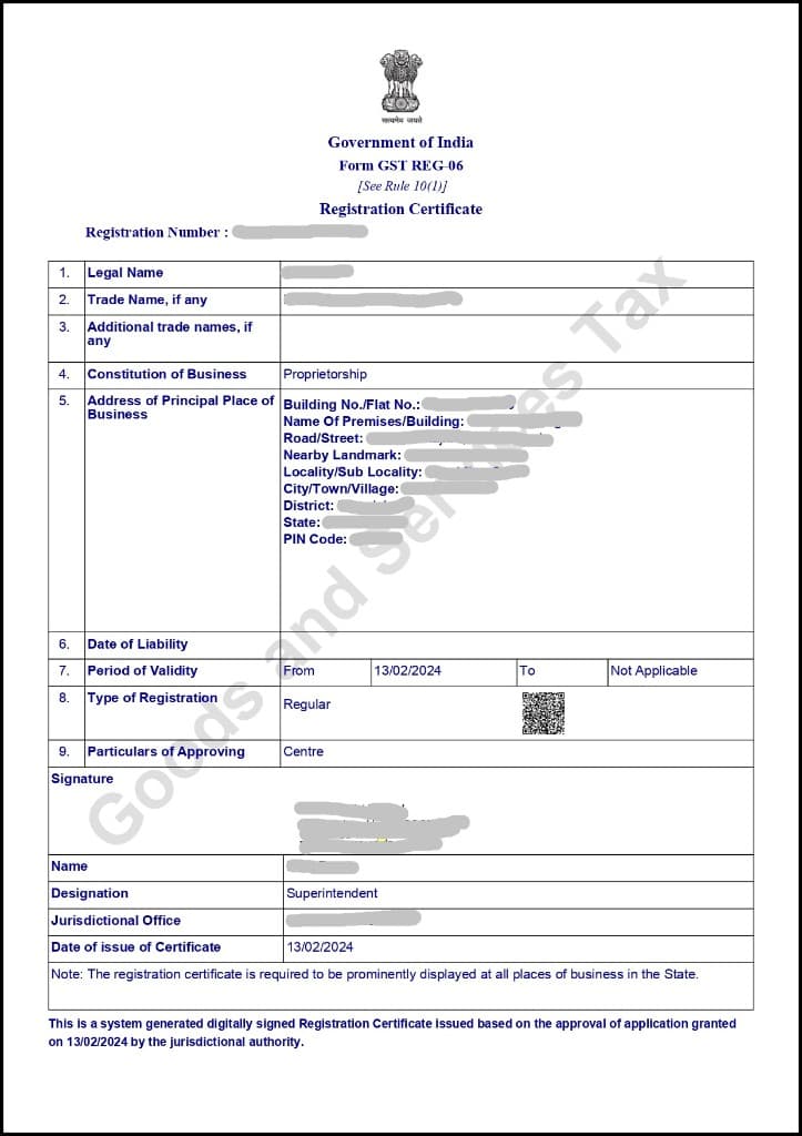Sample GST Registration Certificate Form GST REG-06